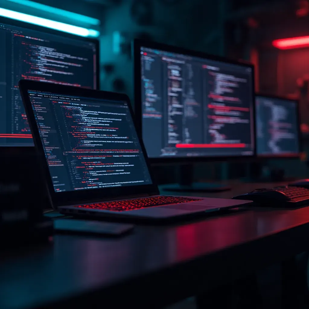 Estación de trabajo con varias pantallas y un portátil que muestran líneas de código en editores con fragmentos resaltados en rojo que sugieren un fallo crítico, teclado retroiluminado y ambiente oscuro, Pantallas de desarrollo con código y error critico wordpress