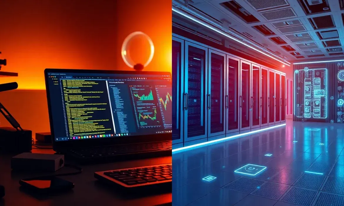 Vista dividida que muestra a la izquierda un portรกtil en un escritorio con pantalla que exhibe lรญneas de cรณdigo y grรกficas en tonos anaranjados y a la derecha un pasillo de racks de servidores iluminados en azul en un centro de datos, evocando gestiรณn, seguridad y monitoreo de infraestructura; Laptop con cรณdigo y servidor en centro de datos โ es mejor mantenimiento manual automatico wordpress