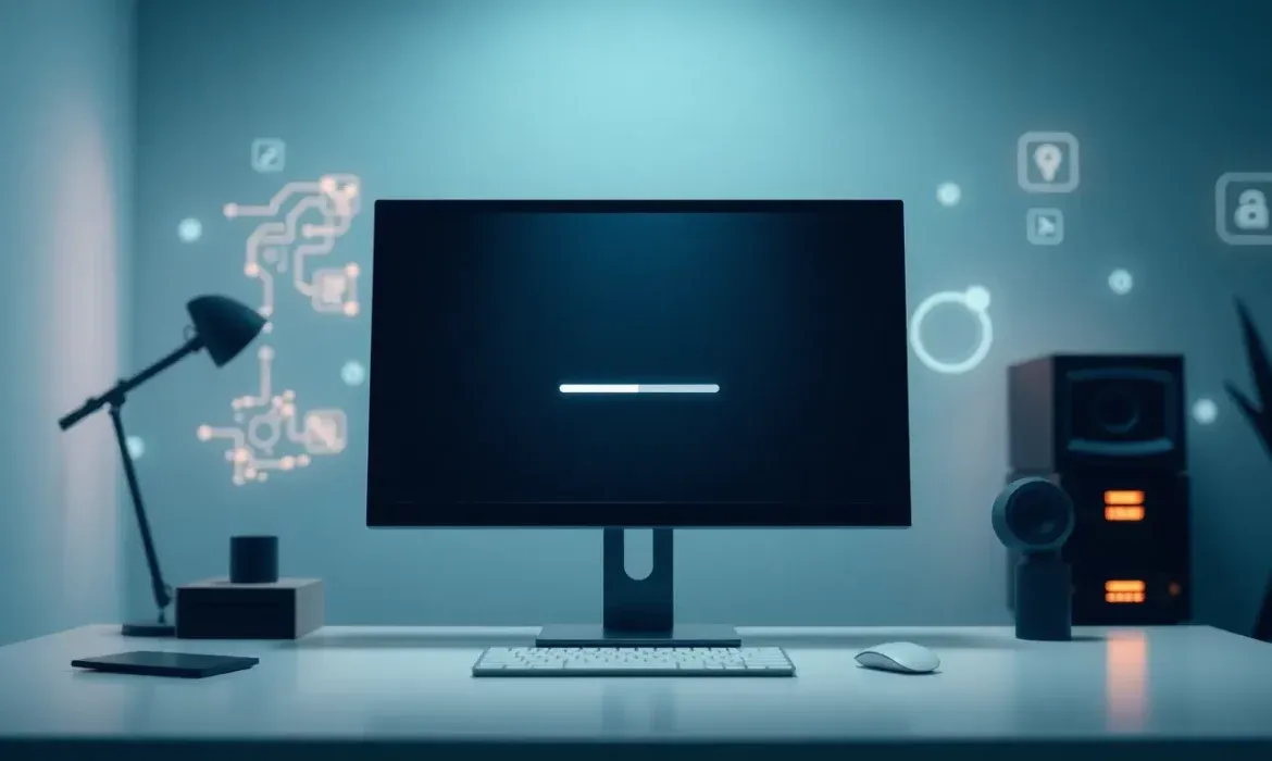Imagen de un escritorio moderno y minimalista con un monitor centrado que muestra una barra de progreso, teclado, ratรณn, lรกmpara y altavoces en luz azul, pensada como ilustraciรณn accesible y optimizada para SEO de la pregunta ยฟQuรฉ es el modo mantenimiento en WordPress?