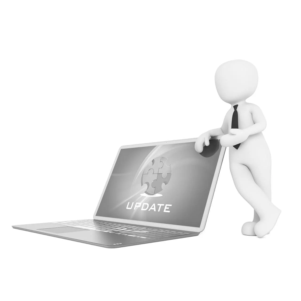 Modelo tridimensional de persona de negocios con corbata apoyada en un portátil que muestra un icono de rompecabezas y la palabra UPDATE sobre fondo blanco, optimizado para la sección Acerca de nosotros y orientado a actualizaciones y soporte tecnológico.