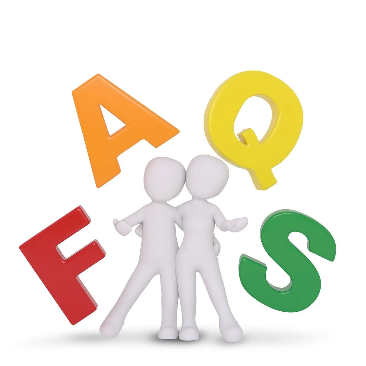 Dos figuras humanas blancas abrazadas, rodeadas por letras grandes y coloridas que forman la palabra FAQS y simbolizan soporte y preguntas frecuentes, Mantenimiento de páginas webs con WordPress