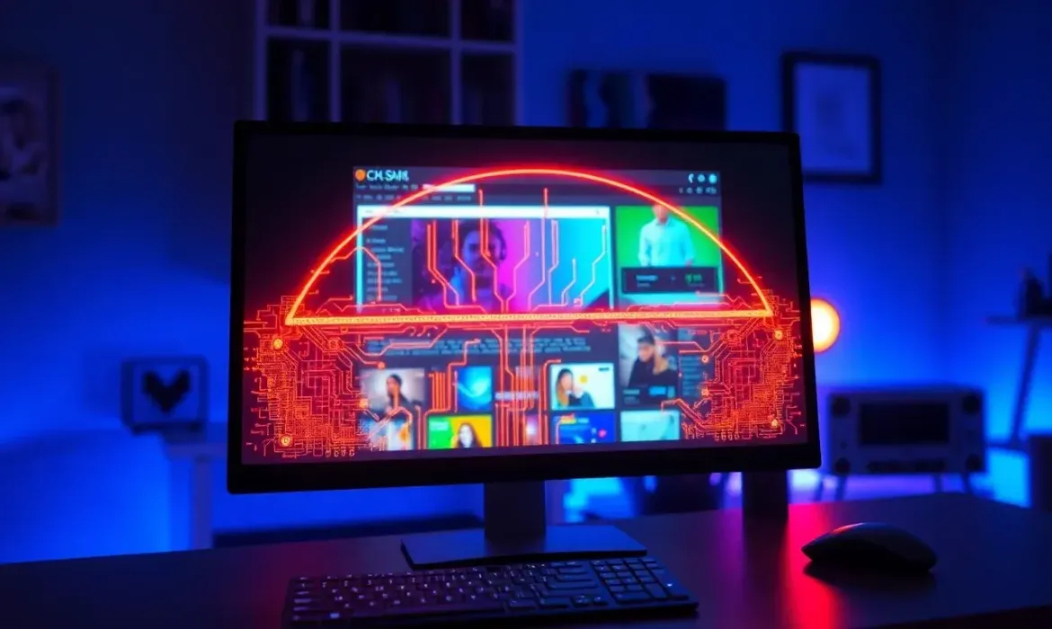 Pantalla de ordenador sobre un escritorio con iluminaciรณn azul que muestra miniaturas de una interfaz web y una sobreimpresiรณn roja en forma de semicรญrculo y trazados de circuito que simbolizan un bloqueo de red, con teclado y ratรณn en primer plano, ideal para ilustrar contenido tรฉcnico y bรบsquedas como El firewall bloquea mi web: cรณmo desbloquear acceso