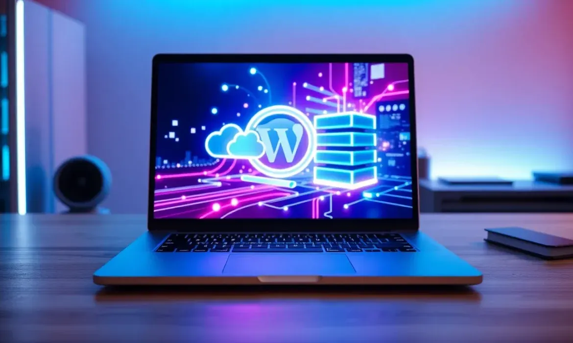 Portรกtil sobre un escritorio con iluminaciรณn ambiental cuya pantalla muestra un grรกfico neรณn del logo de WordPress junto a iconos de nube y servidor que simbolizan respaldo y transferencia de datos, evocando la pregunta ยฟCรณmo hacer copias de seguridad en WordPress?.