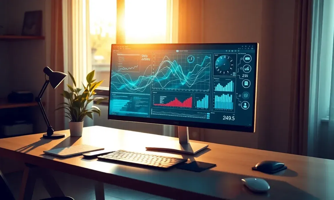 Escritorio de oficina en casa con monitor grande que muestra grรกficas y paneles de rendimiento, teclado y ratรณn inalรกmbricos, lรกmpara y planta junto a una ventana con luz cรกlida, diseรฑado para ilustrar la consulta ยฟQuรฉ hacer cuando WordPress estรก lento?
