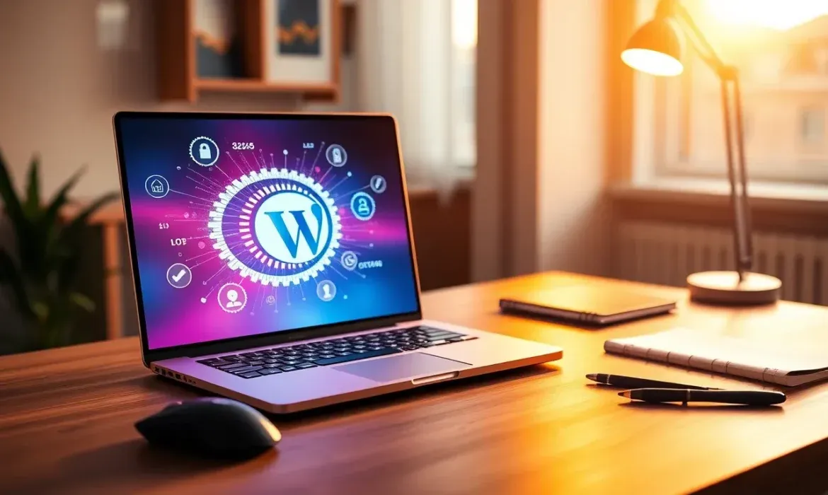 Portátil en un escritorio de madera con la pantalla mostrando el logotipo de WordPress rodeado de iconos de seguridad y configuración, acompañado de ratón, cuadernos y lámpara en luz cálida, representación profesional para servicios de hacer mantenimiento wordpress.