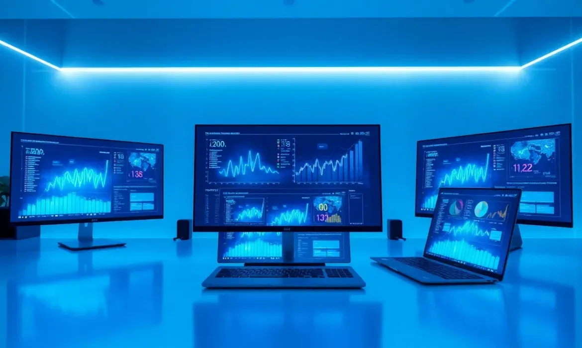 Centro de monitorizaciรณn moderno con varios monitores y portรกtiles sobre una mesa iluminada en azul mostrando paneles de control y grรกficas de rendimiento en tiempo real, representando Herramientas para monitorizar uptime sitio web y mรฉtricas de disponibilidad y respuesta