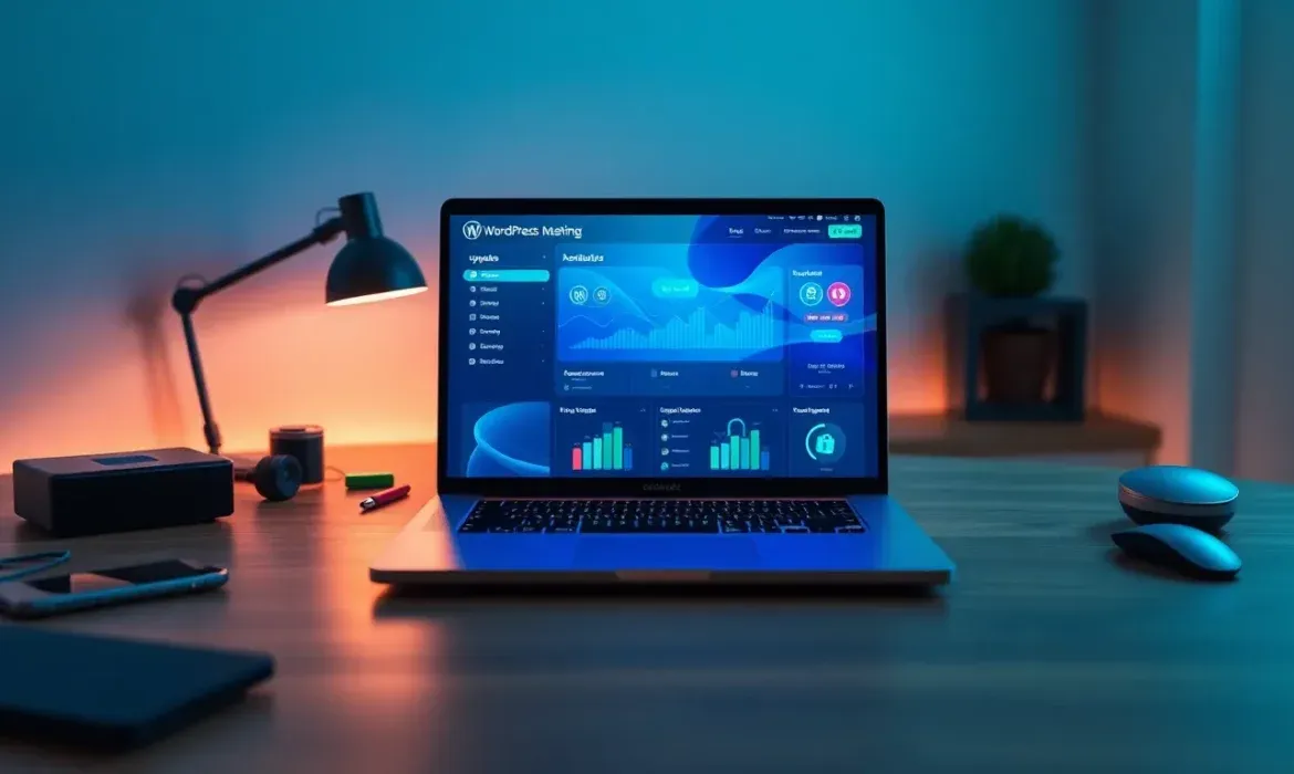 Portรกtil sobre un escritorio iluminado por una lรกmpara con la pantalla mostrando un panel de control de WordPress con grรกficos, estadรญsticas y widgets de seguridad y rendimiento, acompaรฑado de un ratรณn, un telรฉfono y accesorios, ยฟQuรฉ incluye el mantenimiento de WordPress?