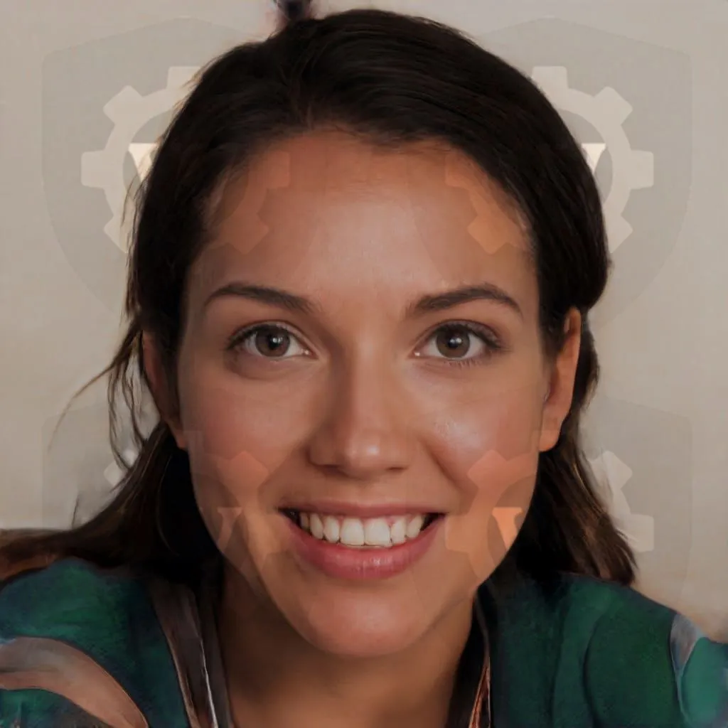 Retrato frontal de una mujer joven sonriente con cabello castaño y ojos marrones sobre fondo claro salpicado de iconos translúcidos de engranajes, etiqueta SEO laura gomez.