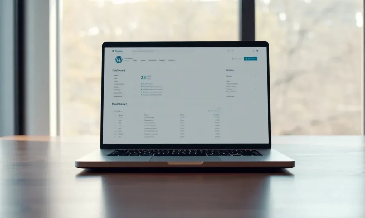 Portátil abierto sobre un escritorio de madera frente a una ventana, con la pantalla mostrando un panel de control de WordPress ligeramente desenfocado que sugiere tareas de mantenimiento y optimización como limpiar base datos wordpress en un entorno de trabajo luminoso y minimalista.