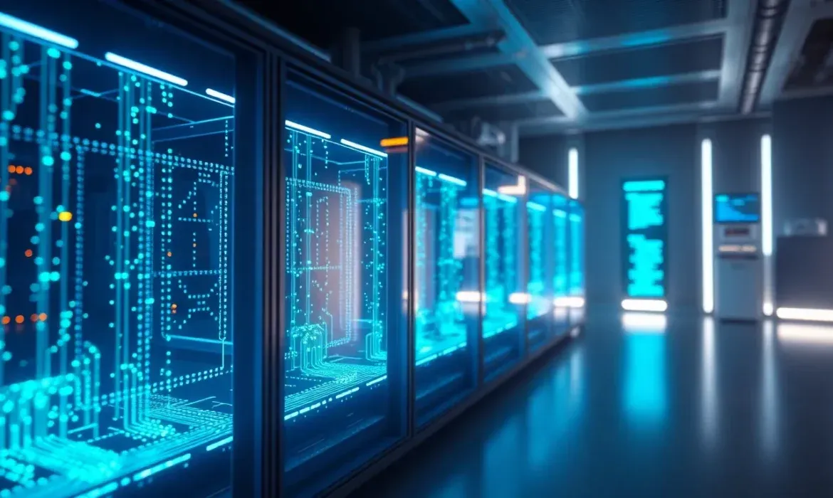 Sala de servidores moderna con filas de racks de vidrio que exhiben circuitos holográficos y luces azules reflectantes en el suelo, imagen tecnológica que evoca limpieza base datos wordpress