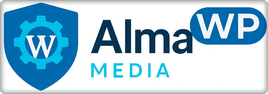 Logotipo almawp media bn2 escudo con engranaje y texto corporativo, un emblema en tonos azules que muestra un escudo con un engranaje que alberga la letra W a la izquierda y, a la derecha, la palabra Alma en azul oscuro con un óvalo azul que contiene WP en blanco y la palabra MEDIA en cian debajo, diseño limpio y de alto contraste optimizado para accesibilidad y reconocimiento de marca.