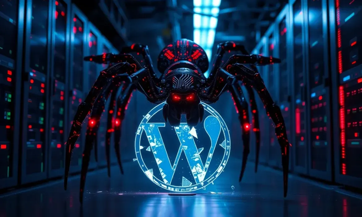 Araรฑa robรณtica de aspecto amenazante con ojos rojos posada sobre un logotipo hologrรกfico de WordPress en un pasillo de servidores con iluminaciรณn azul y roja, representaciรณn visual de una amenaza cibernรฉtica y Malware WordPress