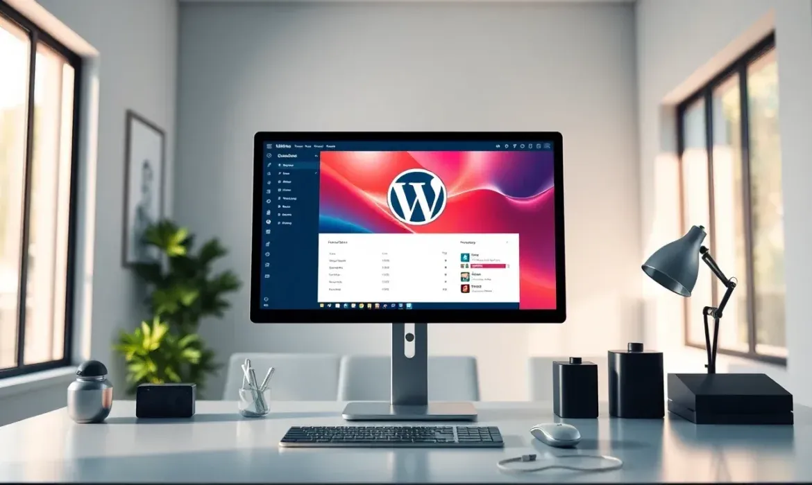 Oficina luminosa con escritorio ordenado y monitor que muestra el logo y panel de WordPress junto a teclado, ratรณn, lรกmpara y plantas, ilustrando Mantenimiento pรกginas web WordPress y buenas prรกcticas de accesibilidad.
