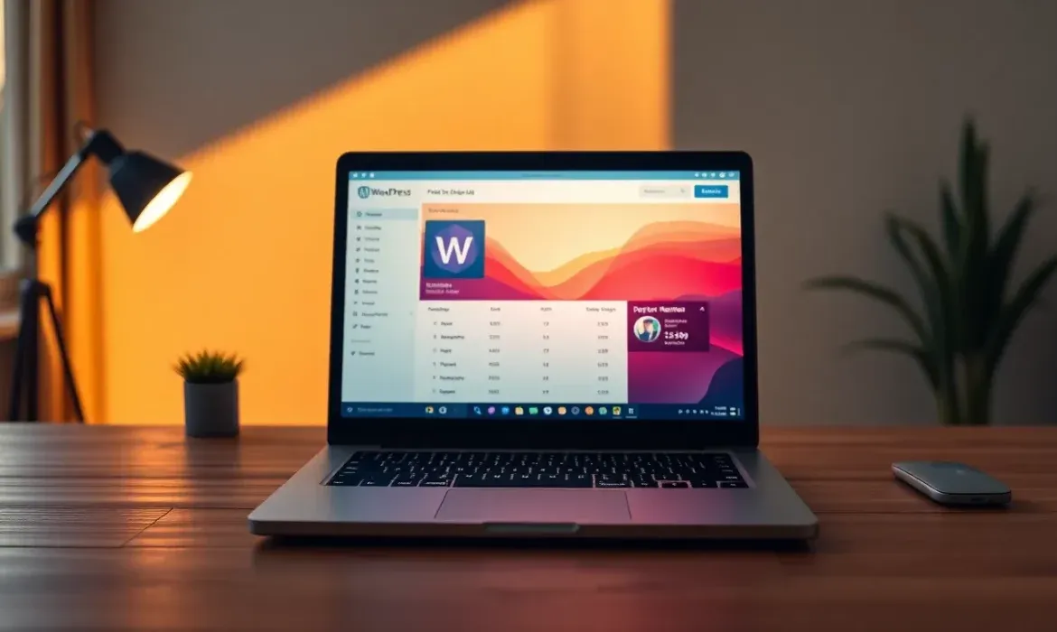 Portรกtil en escritorio de madera con la interfaz del panel de administraciรณn de WordPress visible en pantalla, acompaรฑado de una lรกmpara encendida, una maceta pequeรฑa y un ratรณn, presentado en una escena cรกlida y ordenada ideal para Mantenimiento WordPress.