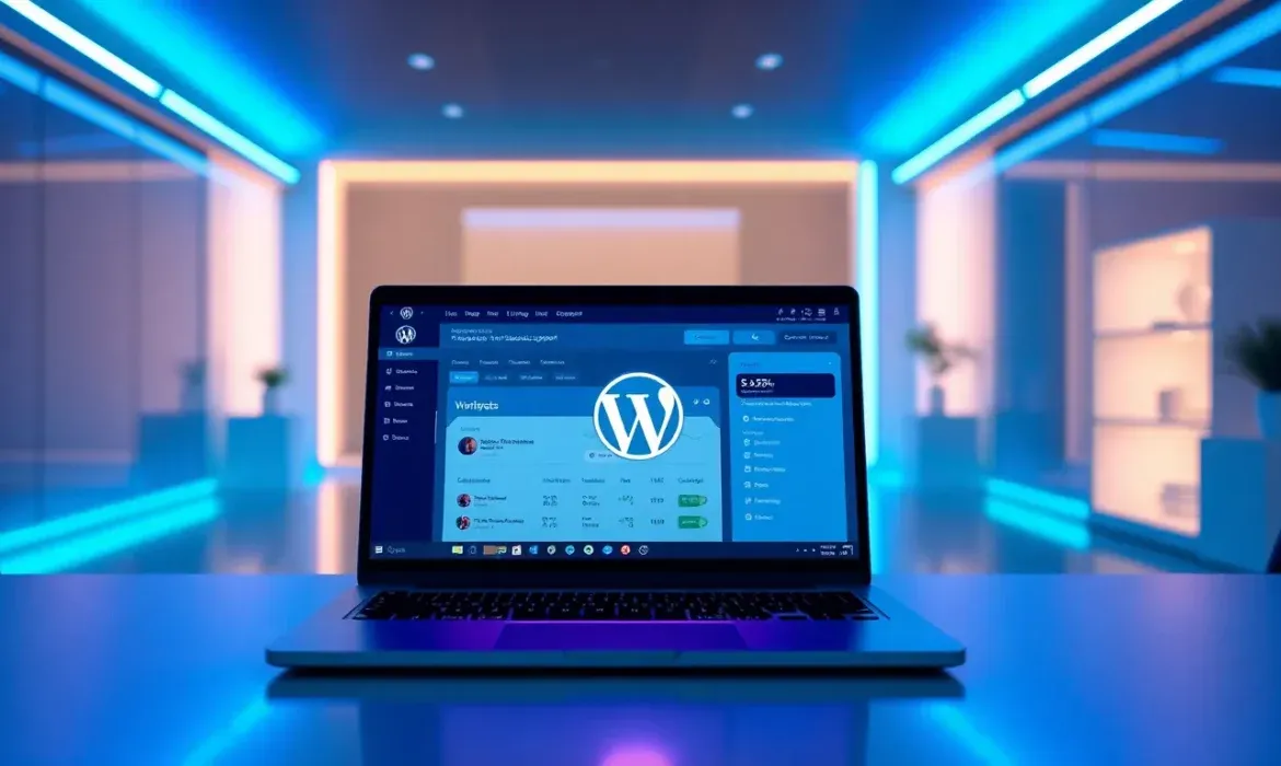 Un portátil abierto sobre un escritorio muestra en primer plano el panel de control de WordPress con el logo blanco centrado y elementos de dashboard visibles, en una oficina iluminada en tonos azules con luces neón y fondo desenfocado, Portátil con panel WordPress en oficina azul — mantenimiento wordpress 24 horas soporte tecnico, composición visual ideal para ilustrar servicios de soporte y mantenimiento web.