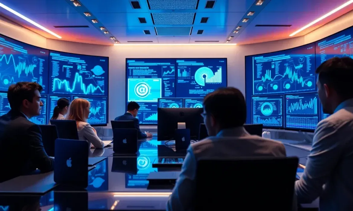 Equipo profesional en una sala de control corporativa frente a mรบltiples pantallas con dashboards, grรกficos y ordenadores portรกtiles que transmiten un ambiente tecnolรณgico y de monitoreo, representando Mantenimiento WordPress corporativo empresas grandes