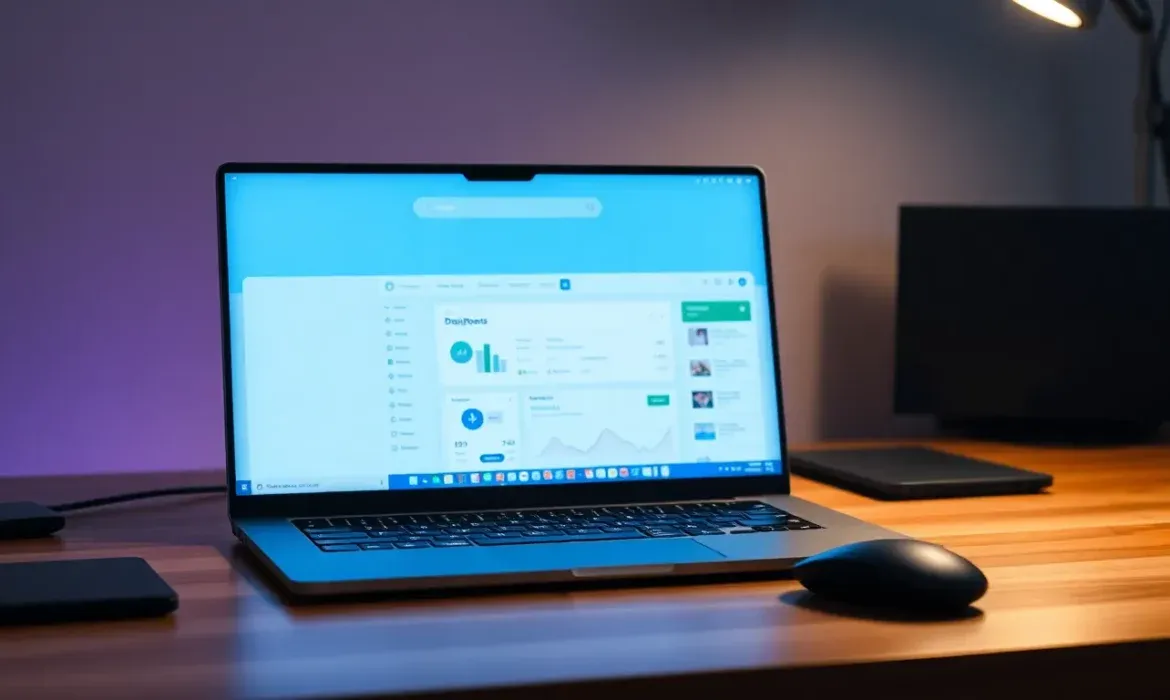 Portรกtil moderno sobre un escritorio de madera con pantalla encendida que muestra un panel de anรกlisis y grรกficas, acompaรฑado de un ratรณn y luz ambiental, imagen que comunica servicios de Mantenimiento WordPress ecommerce woocommerce profesional