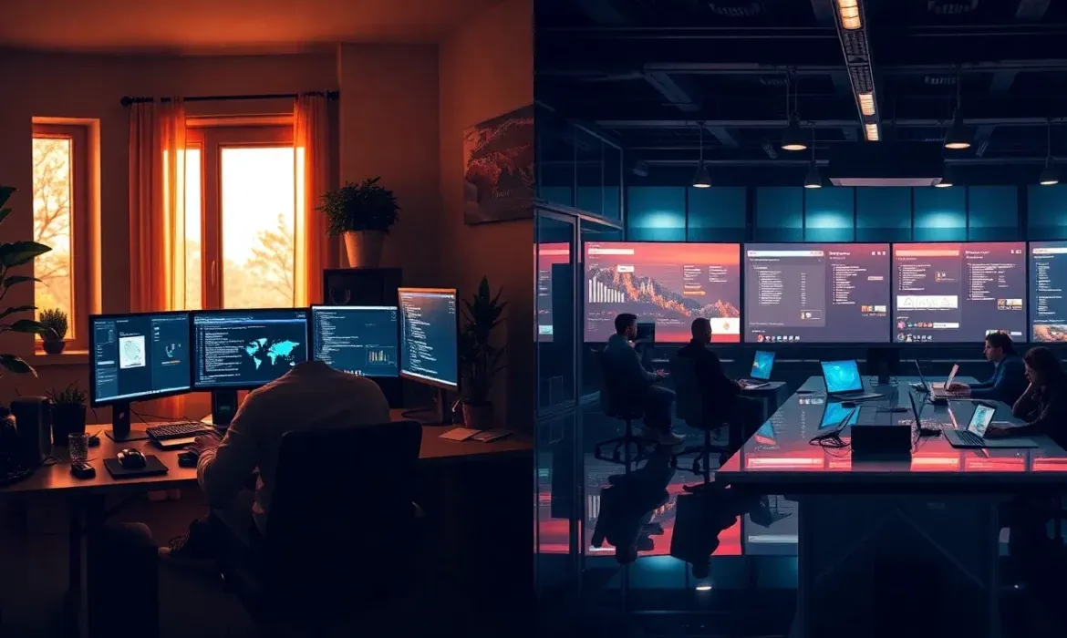 Imagen dividida que contrasta a la izquierda un profesional trabajando solo en un escritorio doméstico con varios monitores y luz cálida y a la derecha un equipo en una sala corporativa con grandes pantallas y laptops, representando de forma accesible y optimizada la comparación de servicios, soporte, seguridad y colaboración para mantenimiento wordpress freelance vs empresa.