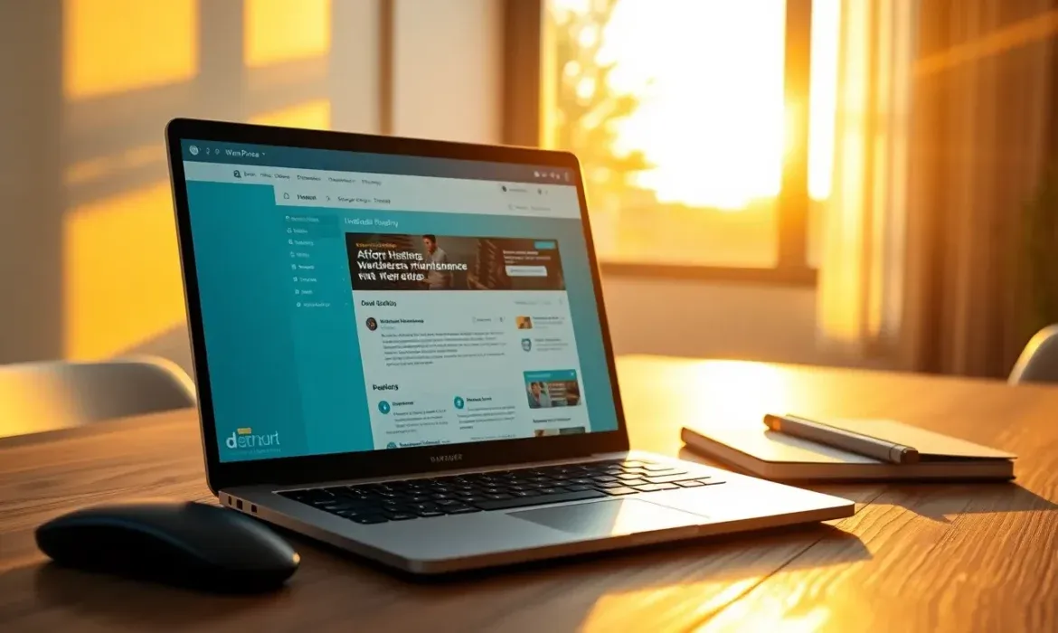 Portรกtil abierto sobre un escritorio de madera mostrando una interfaz de sitio web mientras un ratรณn, un cuaderno y un bolรญgrafo reposan junto a รฉl con luz cรกlida de atardecer entrando por la ventana, ideal para comunicar Mantenimiento de webs de WordPress con hosting incluido y barato.