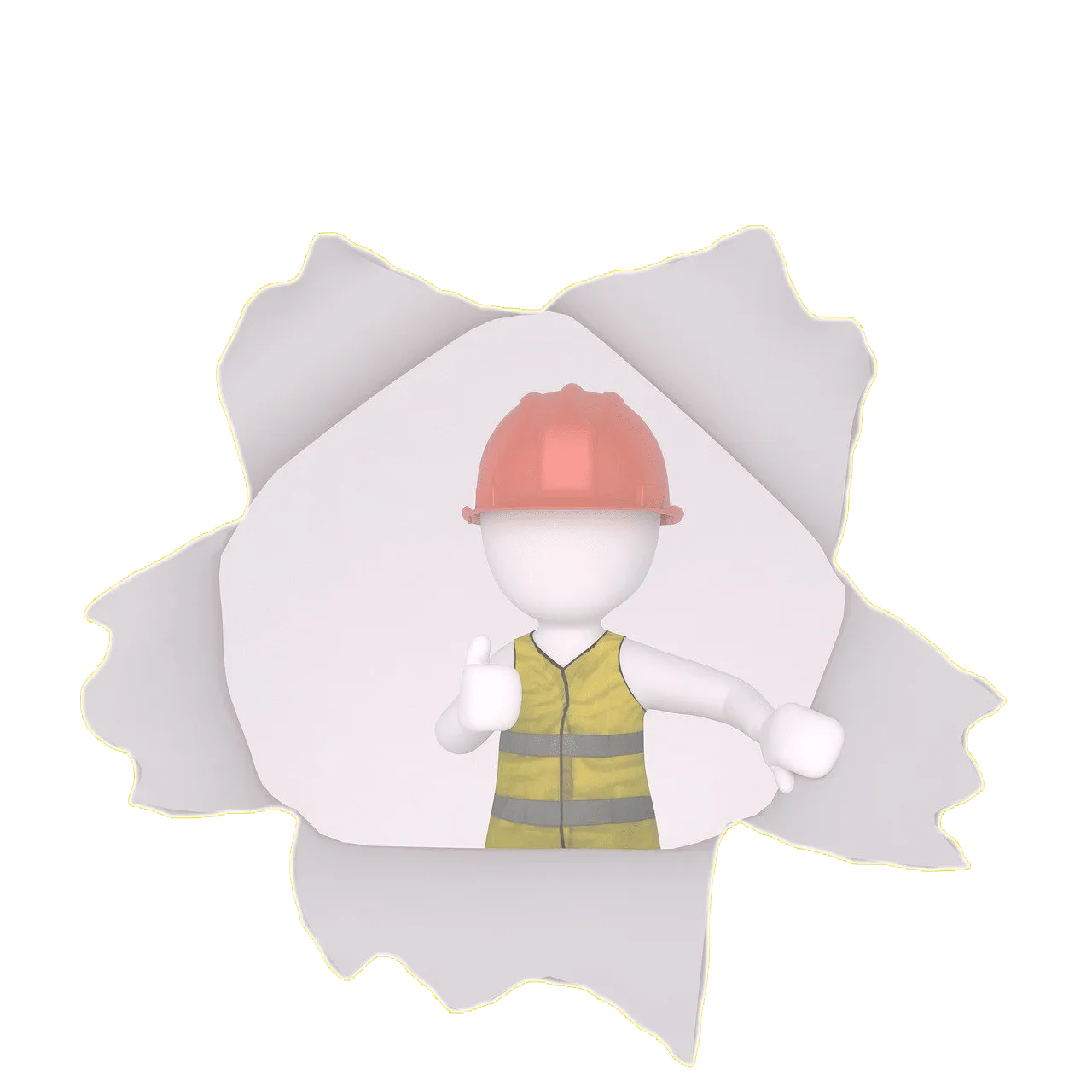 Figura tridimensional de un trabajador con casco naranja y chaleco reflectante asomando por un agujero de papel rasgado y mostrando el pulgar arriba, ilustración conceptual para Mantenimiento y optimización de páginas webs