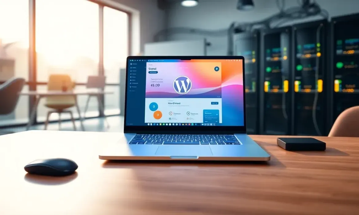 Ordenador portรกtil abierto sobre un escritorio en una oficina con luz natural, mostrando en la pantalla un panel de WordPress y con racks de servidores desenfocados al fondo junto a un ratรณn y un disco duro externo: ยฟPor quรฉ necesito mantenimiento en WordPress?