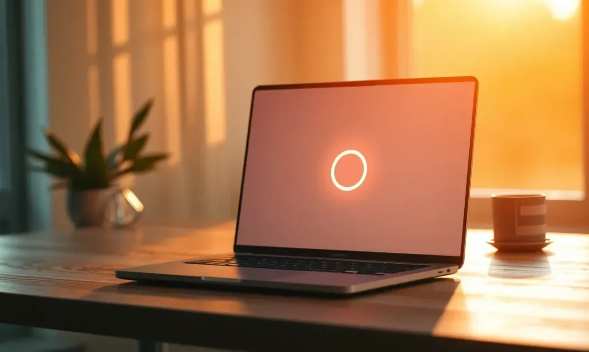 Portátil con círculo de carga al amanecer — no carga mi pagina web, un ordenador portátil sobre una mesa de madera bañado por luz cálida del amanecer con un icono circular de carga en la pantalla y una taza y planta desenfocadas al fondo que sugieren un entorno de trabajo en casa.