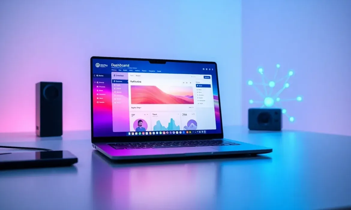 Portรกtil moderno sobre un escritorio minimalista muestra un panel de control con grรกficas y widgets en una pantalla luminosa, rodeado de iluminaciรณn ambiental rosa y azul y altavoces, evocando servicios de Optimizaciรณn WordPress y mejora de rendimiento y experiencia de usuario.