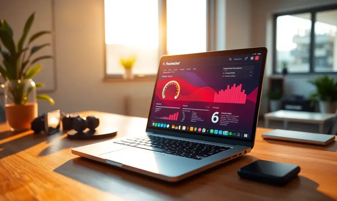 Portรกtil abierto sobre un escritorio de madera muestra un panel de rendimiento con grรกficas y un medidor tipo velocรญmetro, rodeado de auriculares, un disco duro externo y plantas, Laptop con panel de rendimiento optimizar velocidad wordpress profesional guia