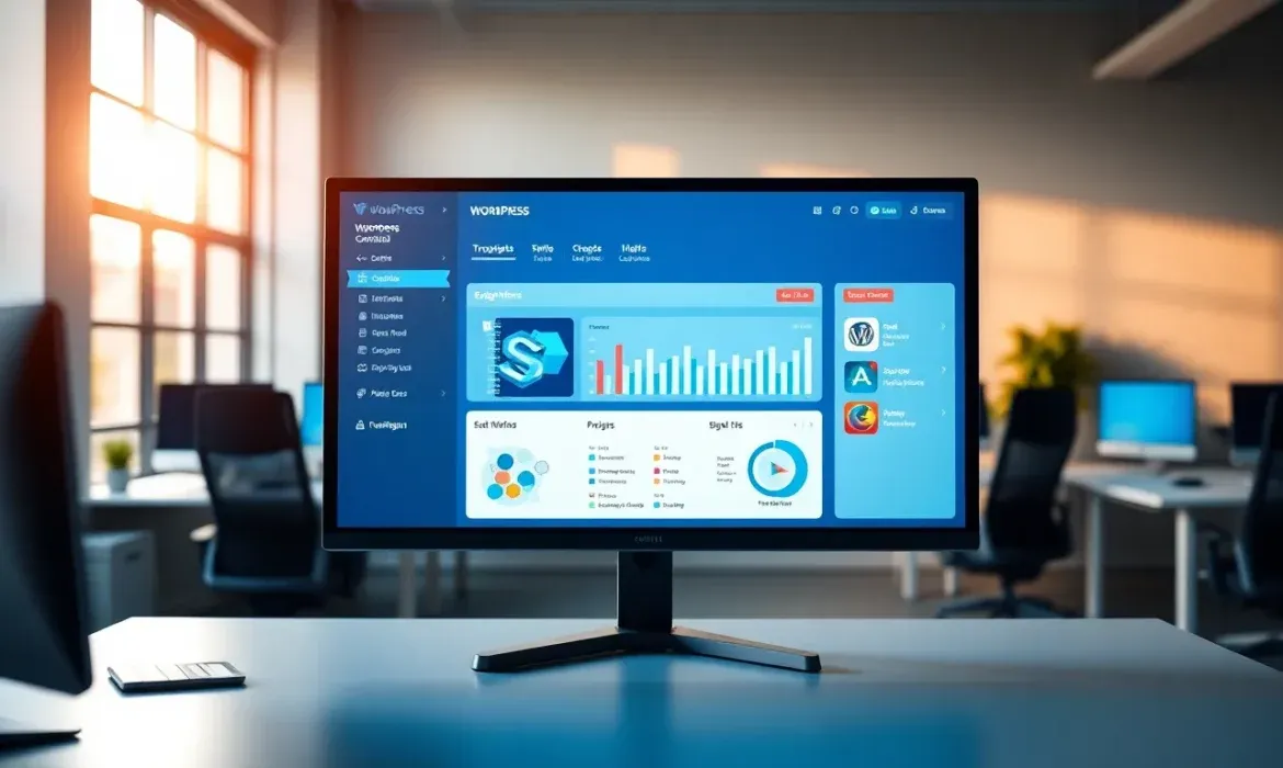 Ordenador de escritorio en una oficina moderna que muestra en la pantalla una interfaz administrativa azul con menú lateral, gráficos de barras y circulares, widgets de estadísticas e iconos de aplicaciones diseñada para buena legibilidad y navegación como panel control wordpress