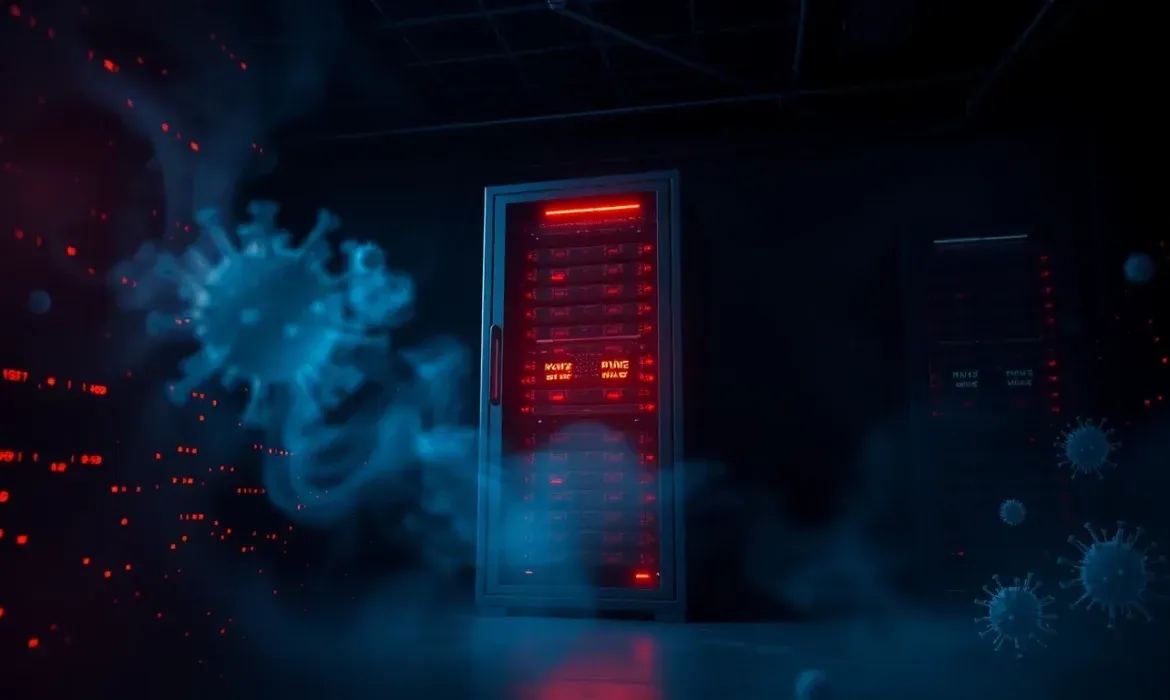 Cabina de servidores oscura con un rack central iluminado en rojo entre niebla azul y partรญculas con forma de virus y pรญxeles rojos que sugieren un ciberataque y riesgo de datos comprometidos, ilustrando visualmente la pregunta pasa si mi wordpress se infecta malware.