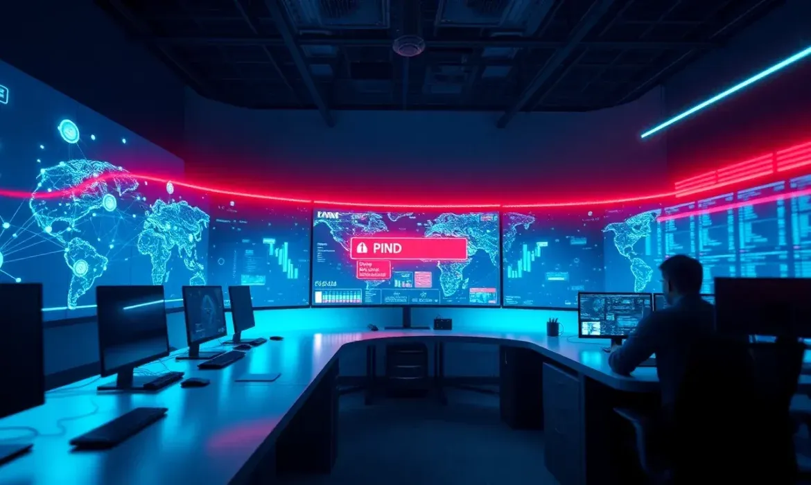 Centro de operaciones de ciberseguridad con mรบltiples estaciones de trabajo y pantallas curvas que muestran mapas globales y grรกficos, con una alerta roja central que indica ping pagina web no responde mientras un operador monitorea los datos.