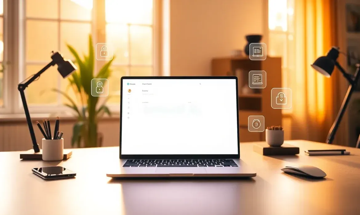 Portátil abierto sobre un escritorio limpio iluminado por una luz cálida de atardecer, acompañado de lámparas de trabajo, un teléfono móvil, una taza con lápices, un ratón, planta y estantería desenfocada al fondo, con iconos flotantes que simbolizan seguridad, copias de seguridad y rendimiento, transmitiendo una oferta de servicios técnicos ideal para un plan mantenimiento wordpress basico profesional.