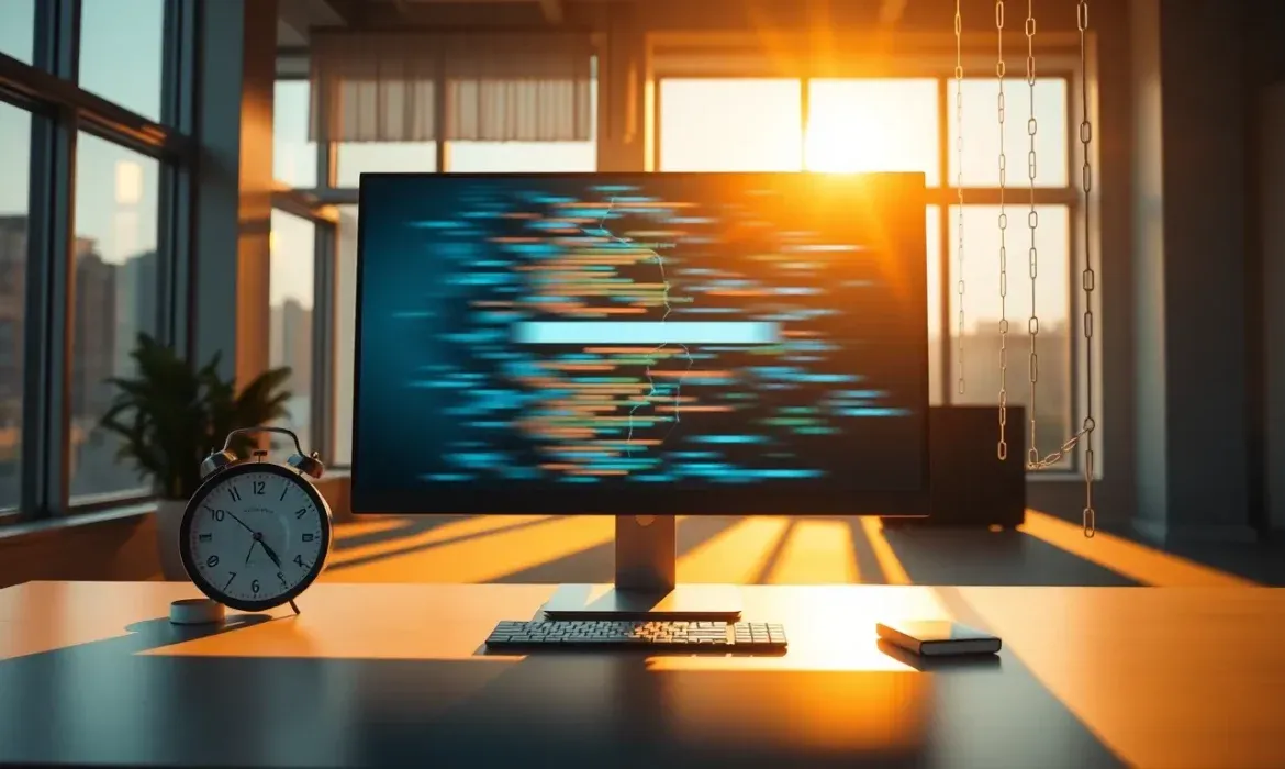 Vista de un escritorio moderno al amanecer con un monitor que muestra lรญneas de cรณdigo desenfocado, teclado, libreta, un reloj despertador analรณgico y luz cรกlida de ventana en una oficina que sugiere Problemas de dominio expirado.