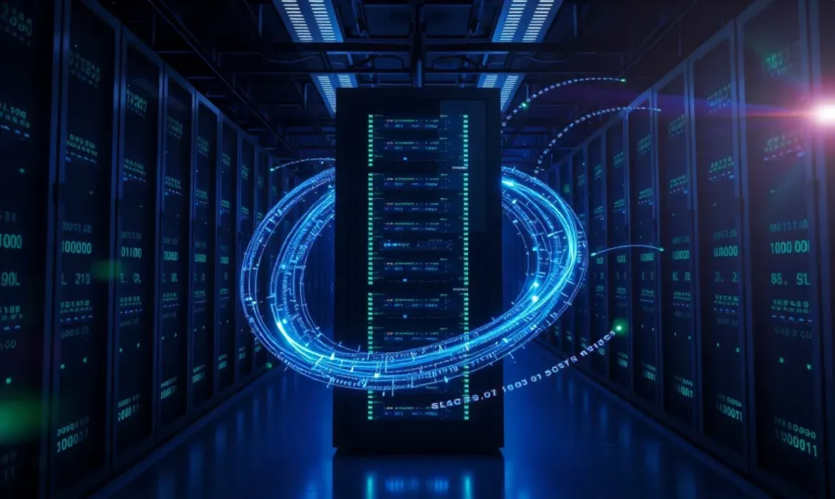 Vista de una sala de servidores oscura con un rack central iluminado en azul y anillos digitales luminosos que evocan flujo de datos y medidas de seguridad, ideal para ilustrar Cรณmo proteger tu web contra ataques de fuerza bruta