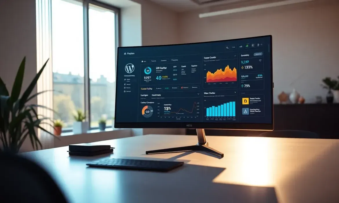 Monitor curvo en un escritorio luminoso junto a teclado y plantas mostrando un panel de analíticas con el logo de WordPress y gráficos que ilustran el rendimiento wordpress del sitio