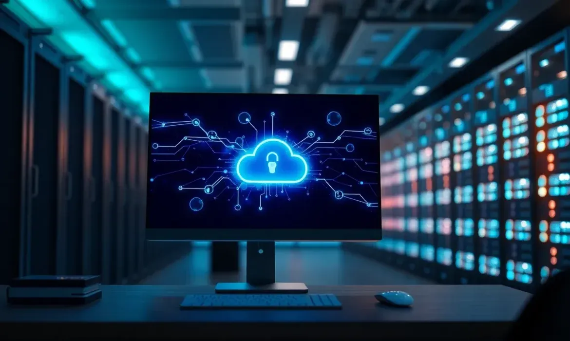 Pantalla de ordenador en primer plano muestra un icono de nube brillante con un candado y circuitos digitales frente a filas de servidores iluminados en un centro de datos, transmitiendo cifrado, protecciรณn y copia en la nube para sitios web, Seguridad WordPress: backup automatico diario, con teclado y ratรณn sobre el escritorio.