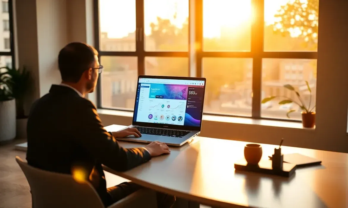 Profesional en oficina sentado frente a un portรกtil que muestra un panel de control y grรกficos, trabajando en un escritorio luminoso junto a una ventana al atardecer, Servicio mantenimiento WordPress pequeรฑas empresas