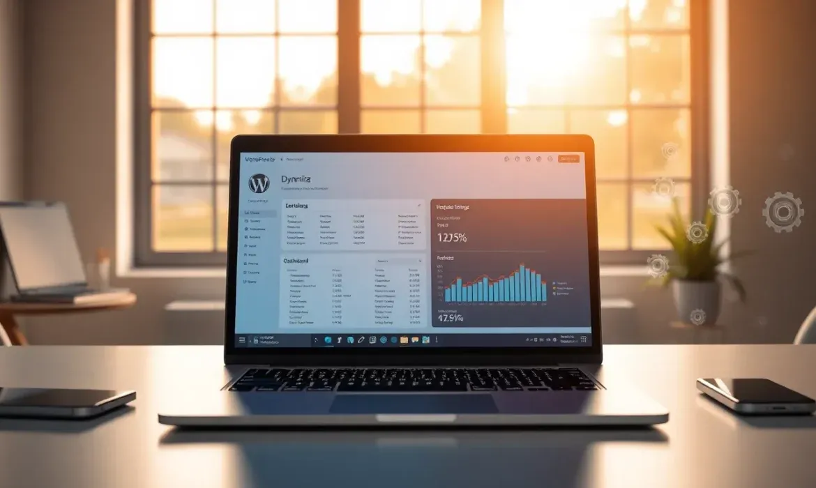 Portátil sobre un escritorio en una oficina luminosa mostrando un panel de control de WordPress con gráficos y estadísticas, un móvil y una tablet a los lados, iluminación cálida y iconos de engranajes que sugieren servicios mantenimiento wordpress.