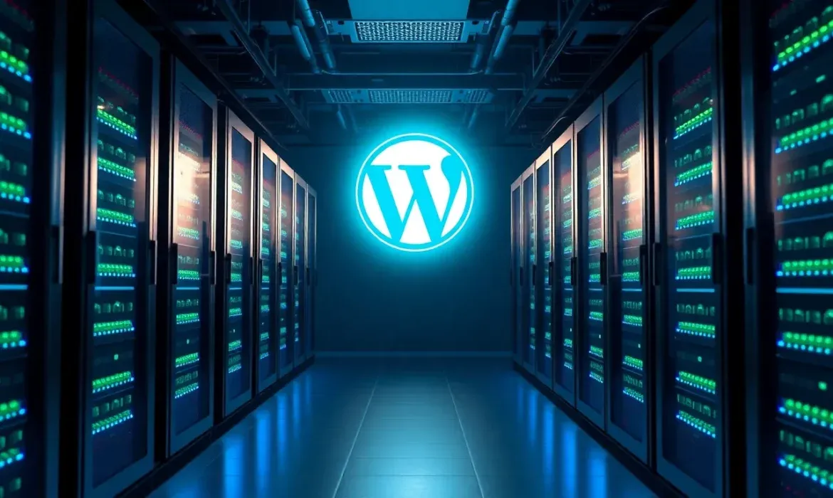 Vista central de un centro de datos con un pasillo entre filas de racks de servidores iluminados con luces LED verdes y azules y un gran logotipo luminoso en la pared que indica Servidor web WordPress.
