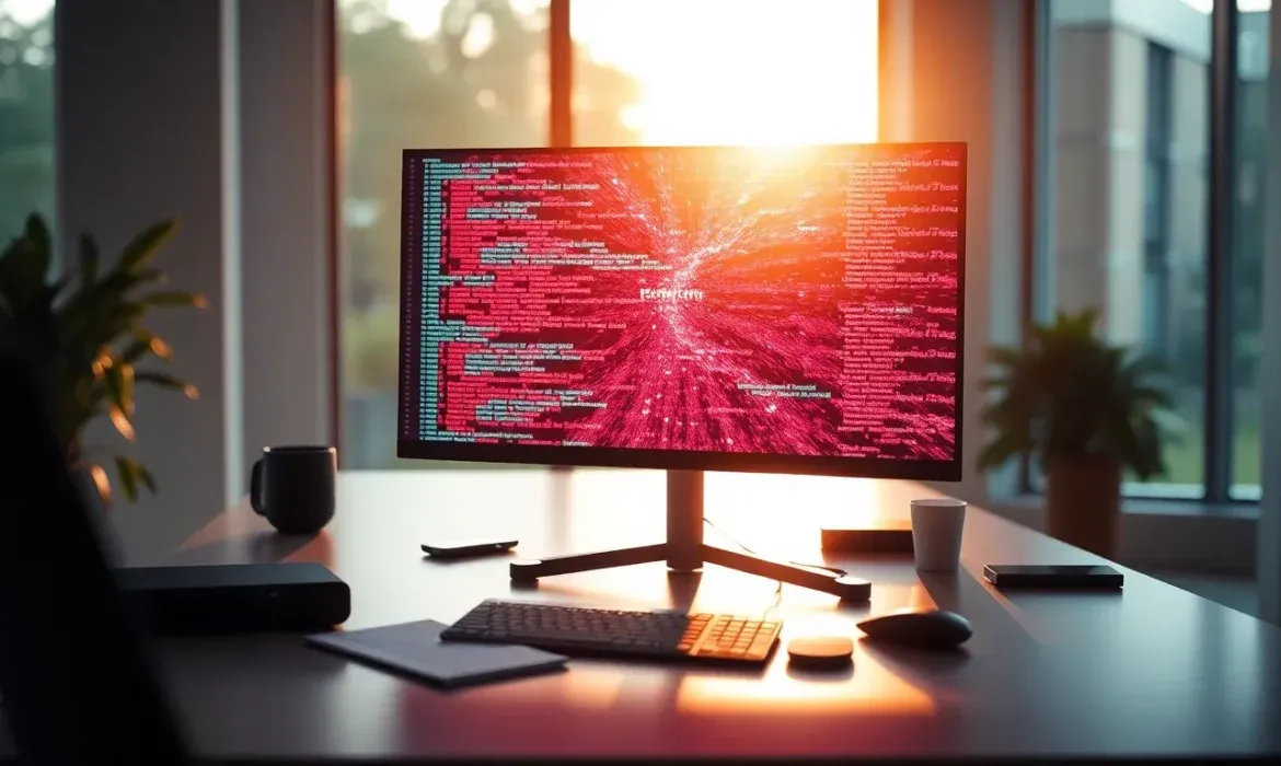Escritorio moderno con un monitor que muestra cรณdigo resaltado sobre un fondo rojo de error, teclado, ratรณn y taza junto a ventanas iluminadas por el sol, imagen que sugiere la necesidad de Solucionar un parse error en WordPress.