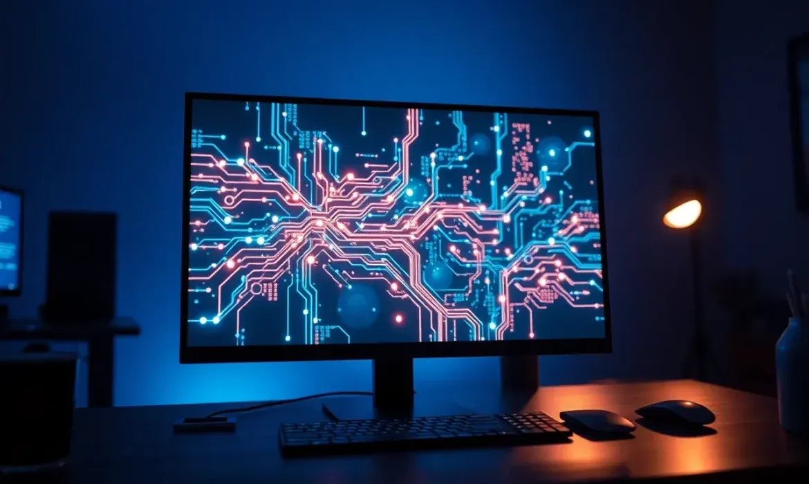 Monitor en un escritorio en penumbra que muestra un vibrante patrรณn de circuito azul y rosa sobre una interfaz tรฉcnica, con teclado y ratรณn iluminados y una lรกmpara ambiental que evocan un espacio de trabajo para diagnosticar y solucionar problemas red localhost.