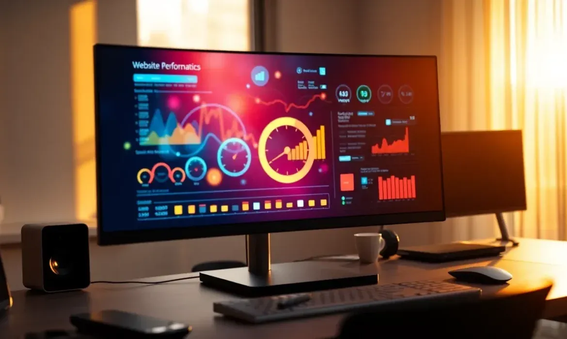 Pantalla ultrapanorรกmica sobre un escritorio iluminado al atardecer mostrando un panel de rendimiento web con grรกficos, medidores, barras y estadรญsticas junto a teclado, ratรณn y taza, optimizada para describir un dashboard de mรฉtricas y Cรณmo usar herramientas como PageSpeed Insights para diagnosticar problemas de rendimiento