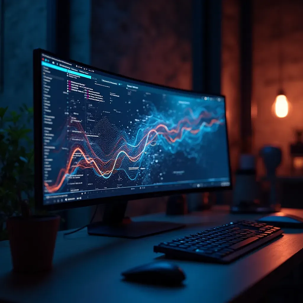 Estación de trabajo con monitor curvo que muestra gráficas ondulantes de datos y un panel lateral de código en una interfaz oscura, con teclado y ratón en primer plano y luz ambiental cálida, pensada para ver registros actividad usuario wordpress