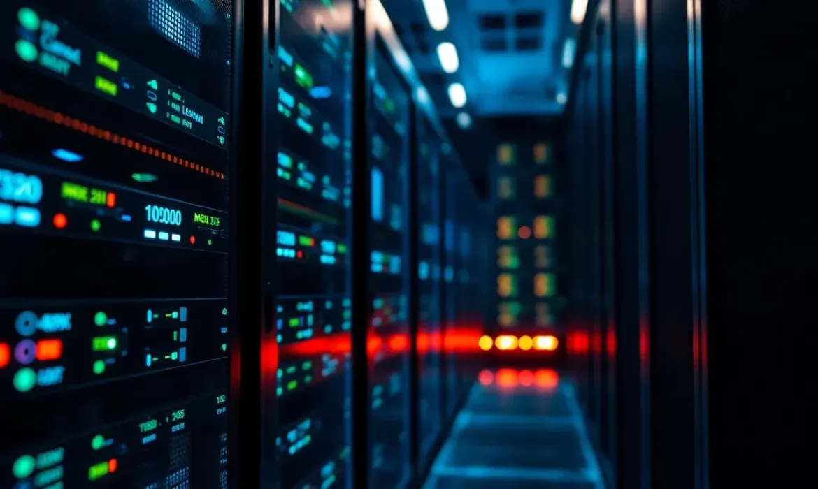 Pasillo de un centro de datos con filas de racks de servidores iluminados por luces LED azules y rojas, indicadores parpadeantes y reflejos que transmiten monitorización e infraestructura crítica para verificar estado servidor web