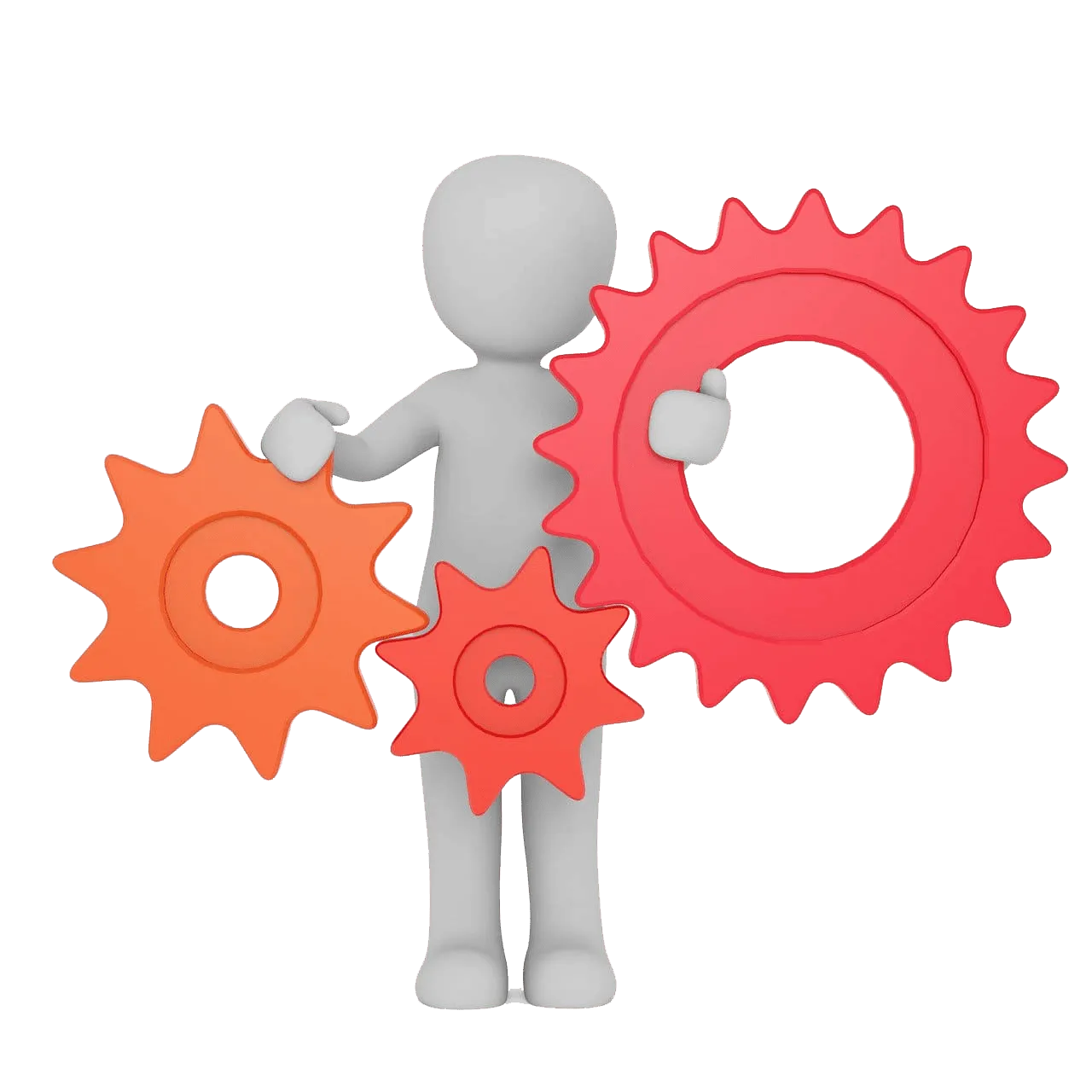 Figura 3D neutra sin rasgos sosteniendo tres engranajes rojos y naranjas sobre fondo transparente, representando automatización, mantenimiento de sistemas y Copias de seguridad automáticas para optimización y gestión técnica.