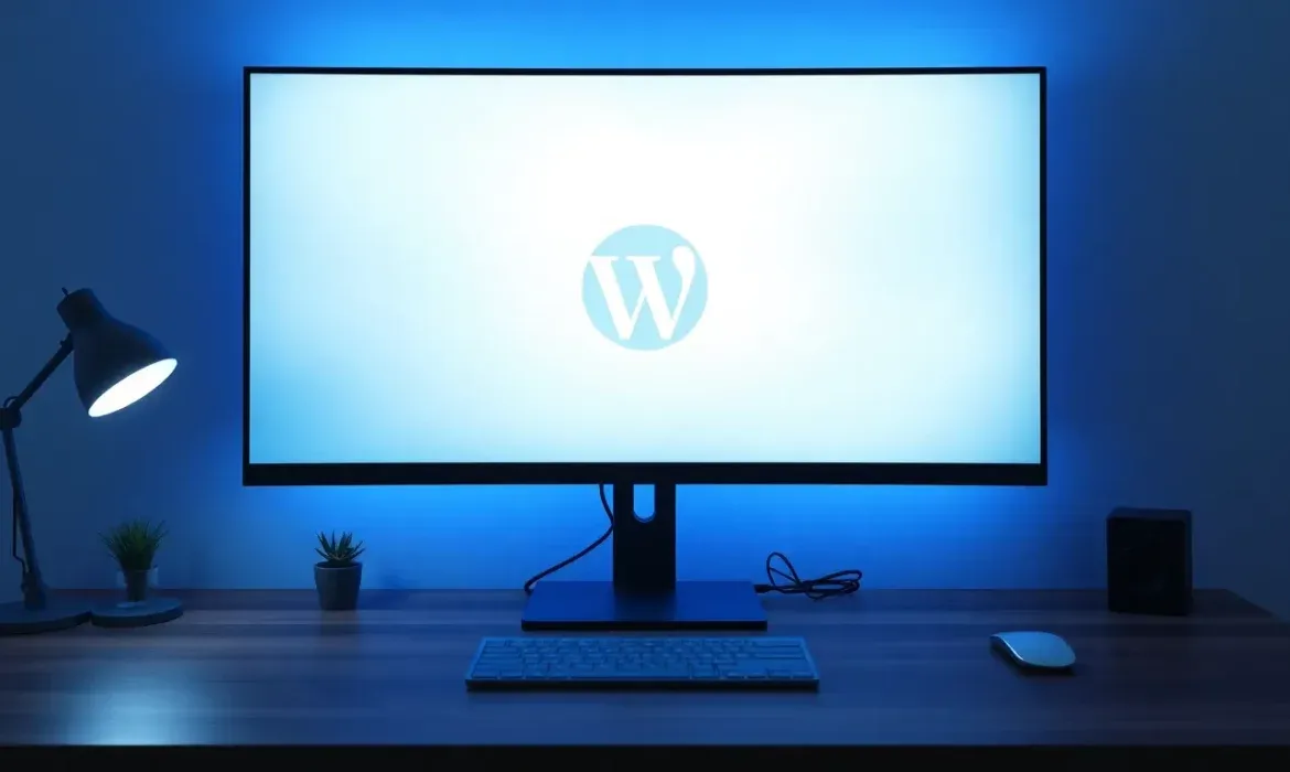 Estación de trabajo minimalista con monitor grande iluminado en azul que muestra el logotipo de WordPress, teclado y ratón en primer plano, lámpara y pequeñas plantas sobre escritorio de madera, pensada como imagen para guías y tutoriales sobre WordPress modo seguro: cómo acceder