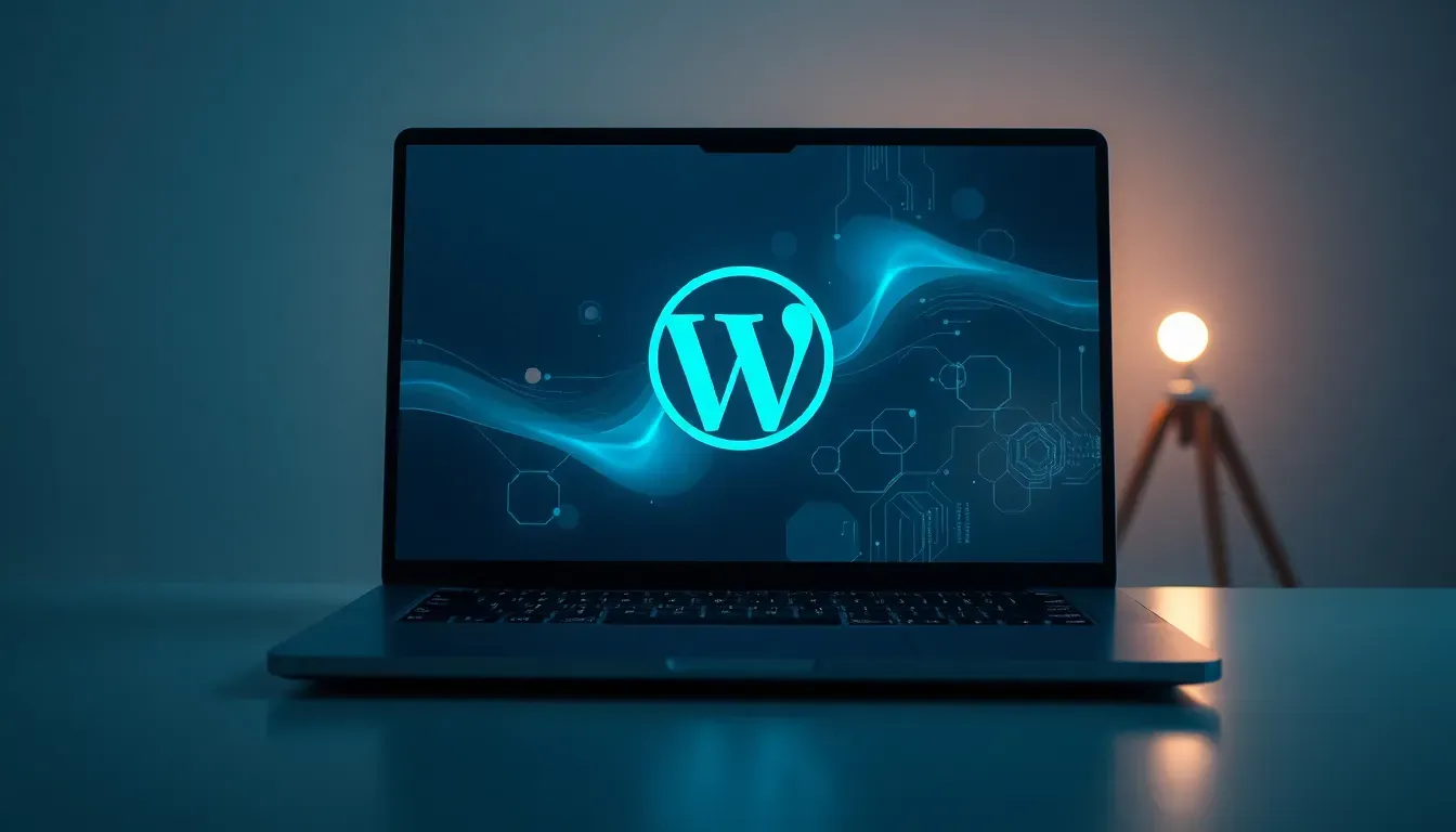 Acerca de nosotros Un portátil sobre un escritorio muestra en su pantalla el logotipo iluminado de WordPress sobre un fondo digital azul con ondas y elementos tecnológicos, junto a una lámpara cálida al fondo, imagen accesible y optimizada para la sección Acerca de nosotros de un sitio de diseño web.