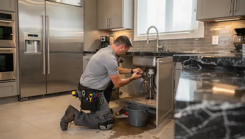 a plumber in a residential kitchen on an emergency plumbing service call