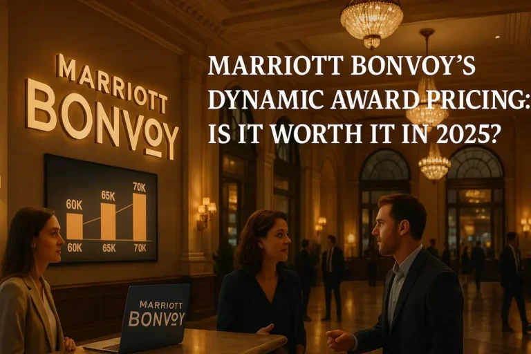 Marriott Bonvoy's Dynamic Award Pricing: Is It Worth It in 2025? A hotel lobby with a large Marriott Bonvoy sign. Three people converse at a desk with award chart graphics. Text reads: Marriott Bonvoy’s Dynamic Award Pricing—How will it impact points redemption in 2025?.