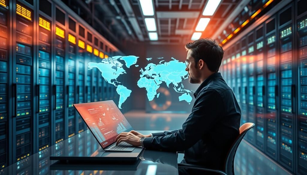 A futuristic data center with rows of glowing servers and holographic displays, casting a warm glow over a traveler sitting at a sleek desk, intently studying flight patterns and hotel rates on a transparent touchscreen interface. In the background, a world map visualizes global travel data, pulsing with insights. Soft, directional lighting highlights the traveler's focused expression, as they leverage AI-powered algorithms to optimize their upcoming trip. The scene conveys a sense of innovation, efficiency, and the seamless integration of technology into the modern travel experience.